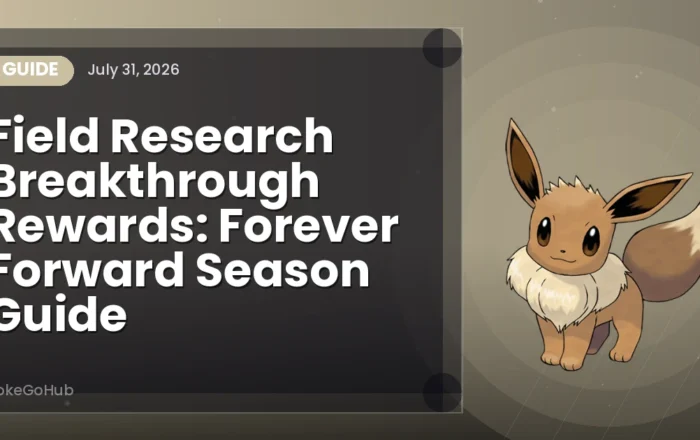 Field Research Breakthrough Rewards: Forever Forward Season Guide — guide cover art featuring Eevee, PokeGoHub