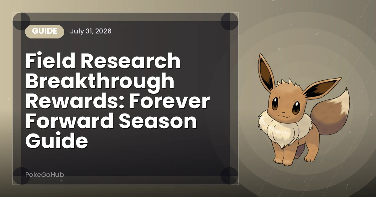 Field Research Breakthrough Rewards: Forever Forward Season Guide — guide cover art featuring Eevee, PokeGoHub