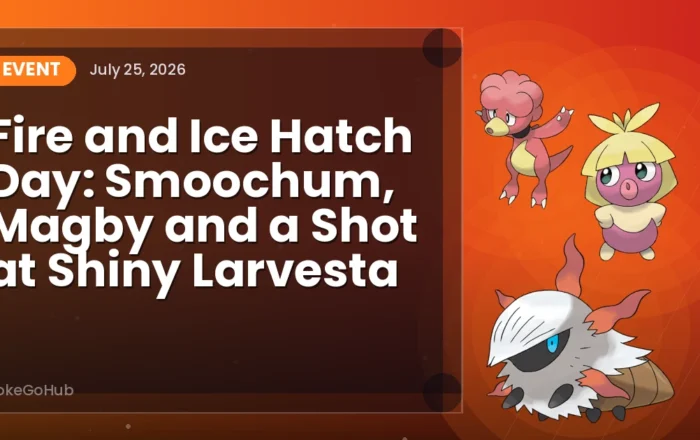 Fire and Ice Hatch Day: Smoochum, Magby and a Shot at Shiny Larvesta — event cover art featuring Magby and Smoochum and Larvesta, PokeGoHub