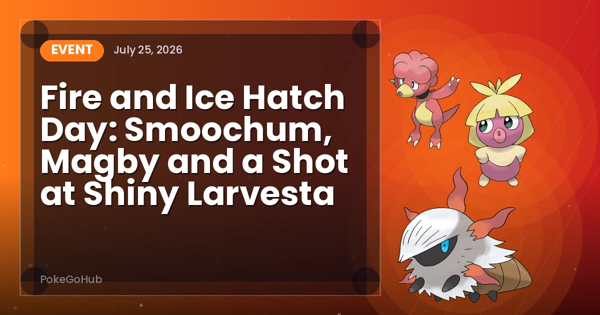 Fire and Ice Hatch Day: Smoochum, Magby and a Shot at Shiny Larvesta — event cover art featuring Magby and Smoochum and Larvesta, PokeGoHub
