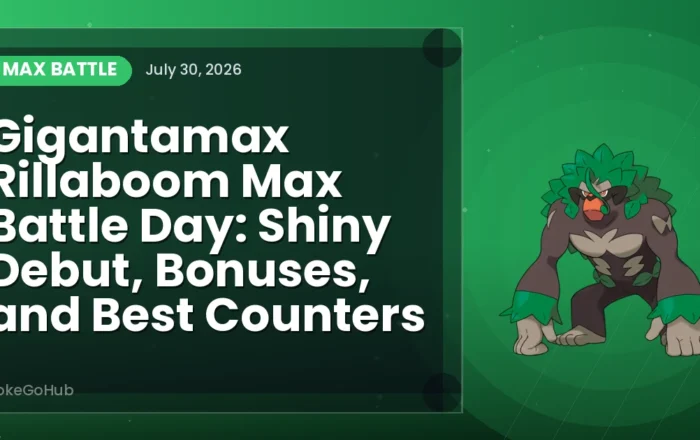 Gigantamax Rillaboom Max Battle Day: Shiny Debut, Bonuses, and Best Counters — max battle cover art featuring Rillaboom, PokeGoHub