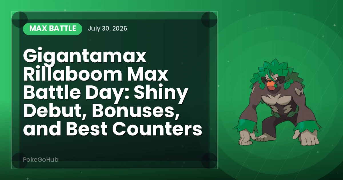 Gigantamax Rillaboom Max Battle Day: Shiny Debut, Bonuses, and Best Counters — max battle cover art featuring Rillaboom, PokeGoHub