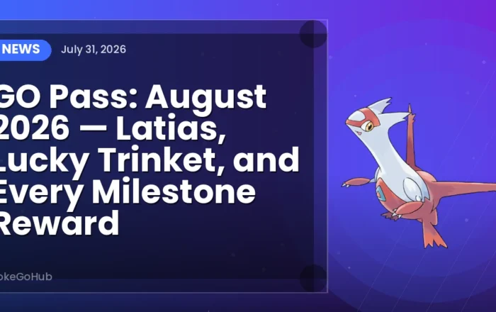 GO Pass: August 2026 — Latias, Lucky Trinket, and Every Milestone Reward — news cover art featuring Latias, PokeGoHub