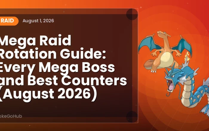 Mega Raid Rotation Guide: Every Mega Boss and Best Counters (August 2026) — raid cover art featuring Charizard and Gyarados, PokeGoHub