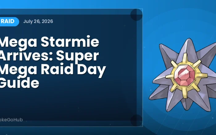 Mega Starmie Arrives: Super Mega Raid Day Guide — raid cover art featuring Starmie, PokeGoHub