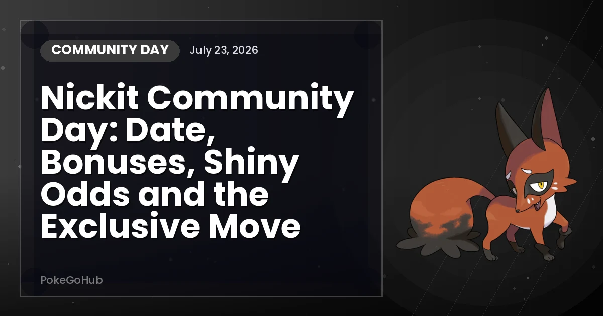 Nickit Community Day: Date, Bonuses, Shiny Odds and the Exclusive Move — community day cover art featuring Nickit, PokeGoHub