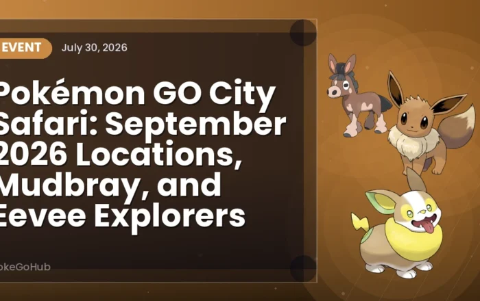 Pokémon GO City Safari: September 2026 Locations, Mudbray, and Eevee Explorers — event cover art featuring Mudbray and Eevee and Yamper, PokeGoHub