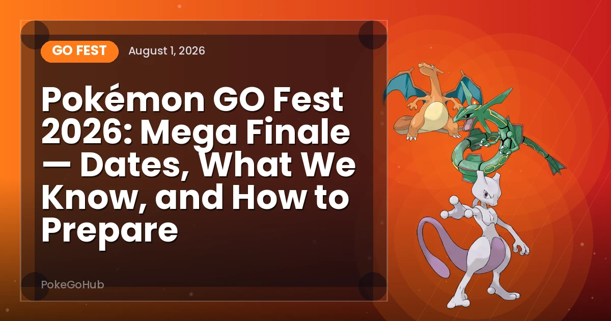 Pokémon GO Fest 2026: Mega Finale — Dates, What We Know, and How to Prepare — go fest cover art featuring Charizard and Rayquaza and Mewtwo, PokeGoHub