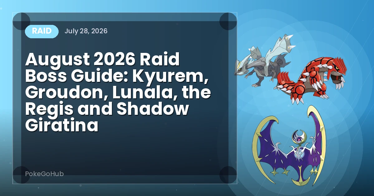 August 2026 Raid Boss Guide: Kyurem, Groudon, Lunala, the Regis and Shadow Giratina — raid cover art featuring Kyurem and Groudon and Lunala, PokeGoHub