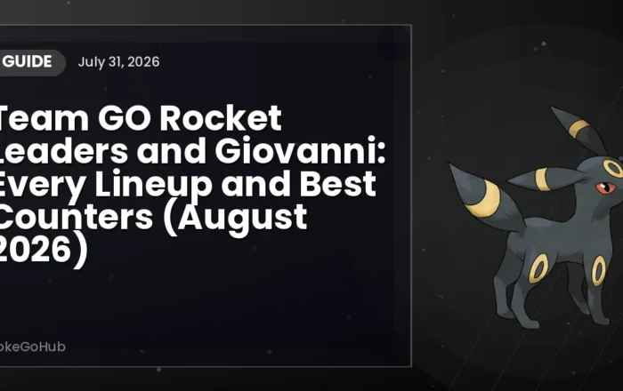 Team GO Rocket Leaders and Giovanni: Every Lineup and Best Counters (August 2026) — guide cover art featuring Umbreon, PokeGoHub