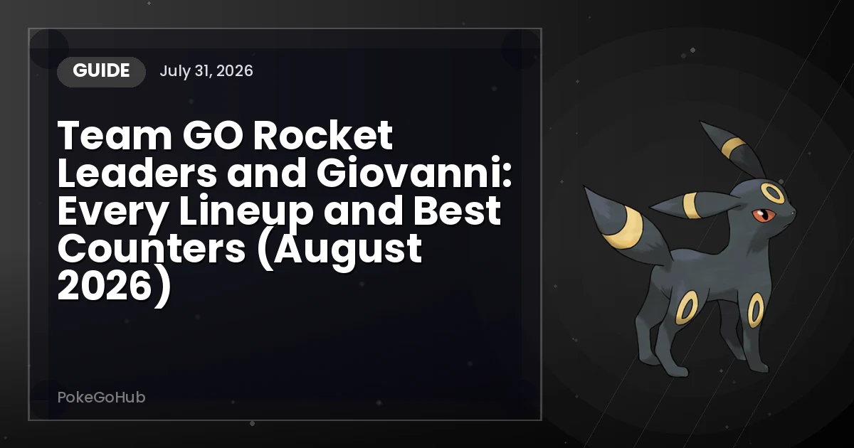 Team GO Rocket Leaders and Giovanni: Every Lineup and Best Counters (August 2026) — guide cover art featuring Umbreon, PokeGoHub