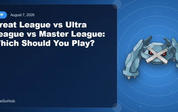 Great League vs Ultra League vs Master League comparison editorial cover featuring Metagross, PokeGoHub
