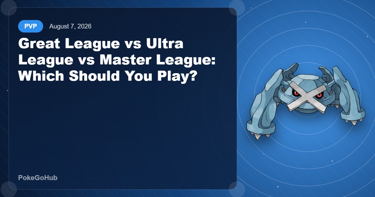 Great League vs Ultra League vs Master League comparison editorial cover featuring Metagross, PokeGoHub