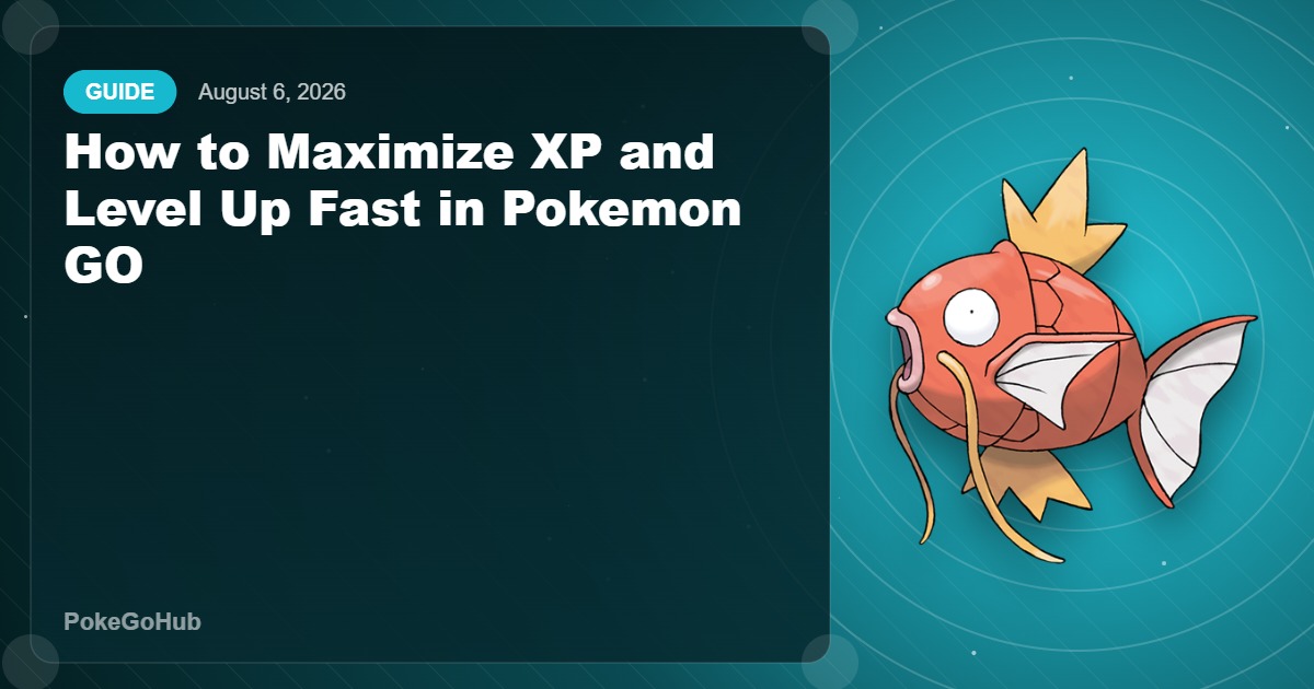 XP and Leveling Guide editorial cover featuring Magikarp, PokeGoHub