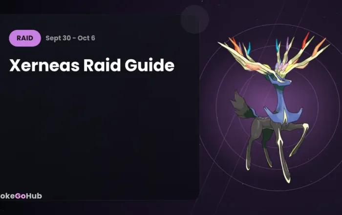 Xerneas en un fondo purpura con anillos de energia en una raid de 5 estrellas de Pokemon GO