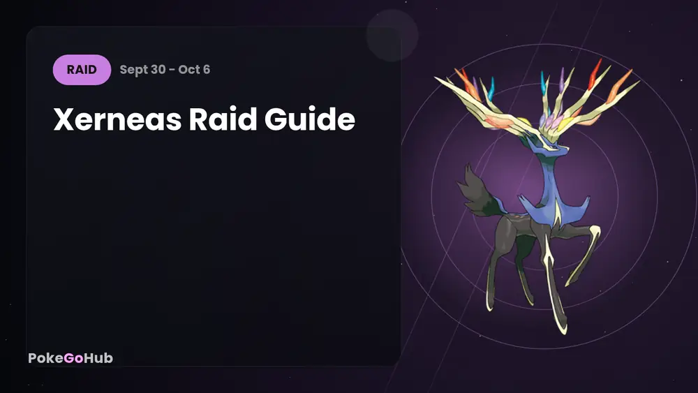 Xerneas en un fondo purpura con anillos de energia en una raid de 5 estrellas de Pokemon GO