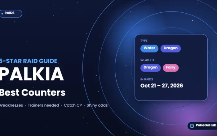Palkia raid guide graphic: Water/Dragon type, weak to Dragon and Fairy, in raids October 21–27, 2026
