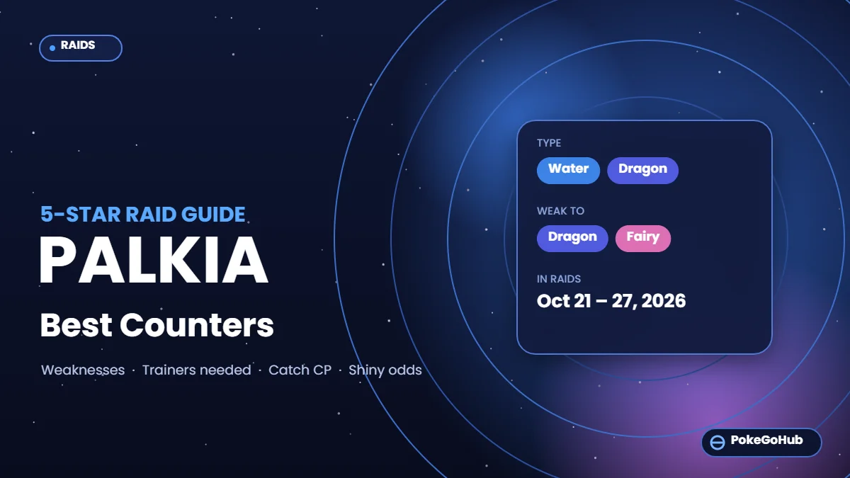 Palkia raid guide graphic: Water/Dragon type, weak to Dragon and Fairy, in raids October 21–27, 2026