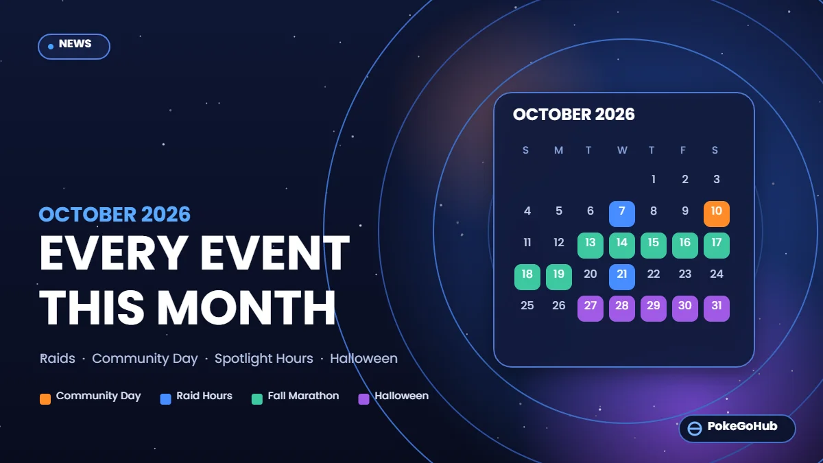 Pokémon GO October 2026 events calendar highlighting Community Day, Raid Hours, Fall Marathon and Halloween dates